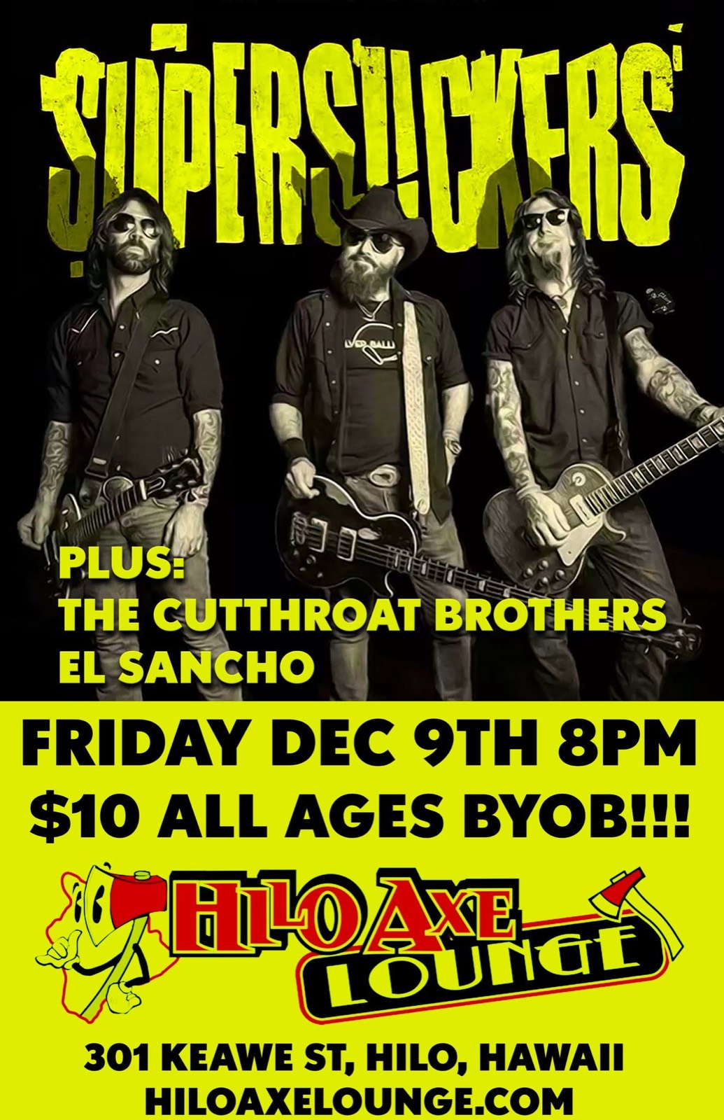 Flyer for Supersuckers, The Cutthroat Brothers, El Sancho @ Hilo Axe Lounge show