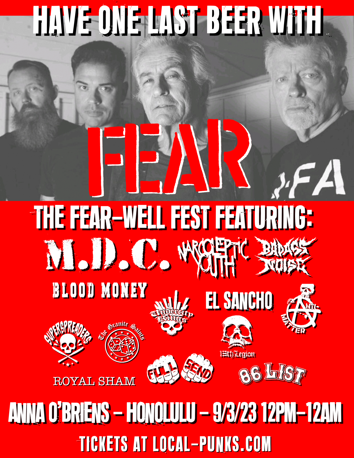 FEAR, MDC, El Sancho and more punk bands play the FEARwell fest in Honolulu Hawaii Sept 3rd