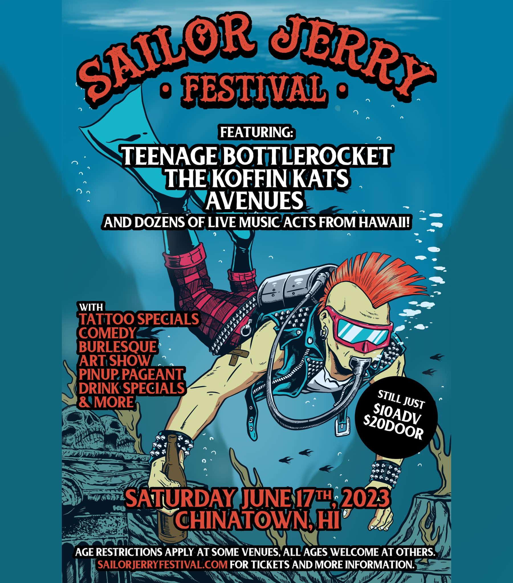 The 2023 Sailor Jerry Festival in Honolulu Hawaii included punk rock bands Teenage Bottlerocket, The Koffin Kats, Avenues, El Sancho and many more